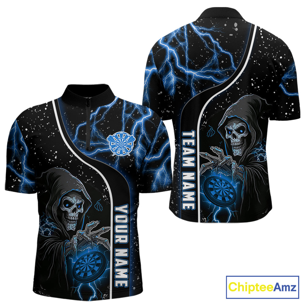 Custom Blue Darts Lightning Grim Reaper Polo & 1/4 Zip, Darts Shirt For Men, Darts Team Jersey TDM6308