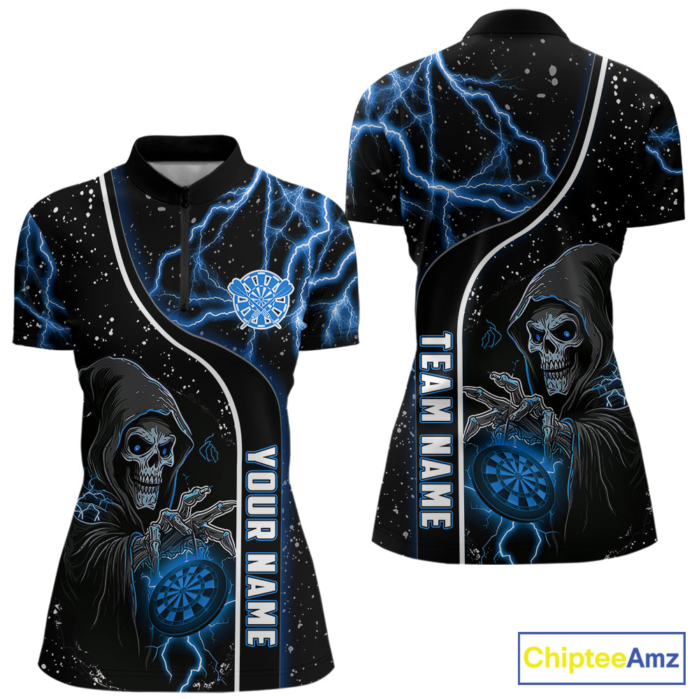 Custom Blue Darts Lightning Grim Reaper Polo & 1/4 Zip, Darts Shirt For Women, Darts Team Jersey TDM6308