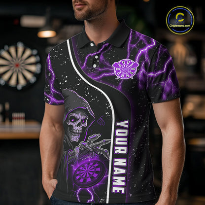 Custom Purple Darts Lightning Grim Reaper Polo & 1/4 Zip, Darts Shirt For Men, Darts Team Jersey TDM6309