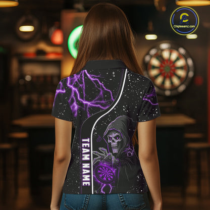 Custom Purple Darts Lightning Grim Reaper Polo & 1/4 Zip, Darts Shirt For Women, Darts Team Jersey TDM6309