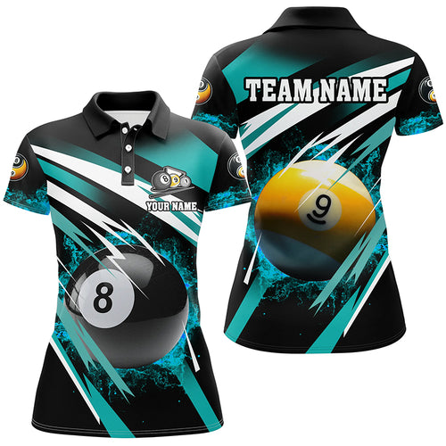 Billiard 8 Ball & 9 Ball Fire Women Polo & Quarter-Zip Shirt Custom Billiard Jersey Attire |Turquoise TDM1598