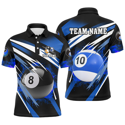 Billiard 8 Ball & 10 Ball Fire Men Polo & Quarter-Zip Shirt Custom Billiard Jersey Attire |Blue TDM1599