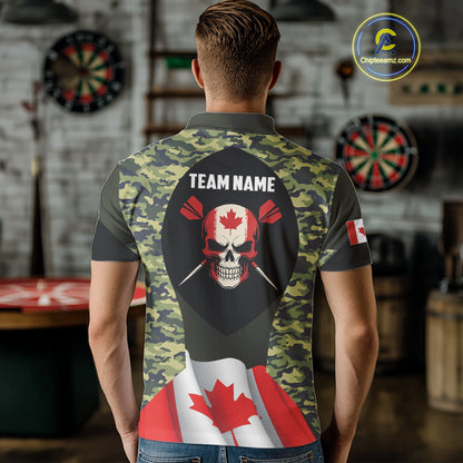 Canada Waving Flag Skull Green Camo Custom Dart Shirts For Men, Patriotic Dart Team Jerseys TDM4165