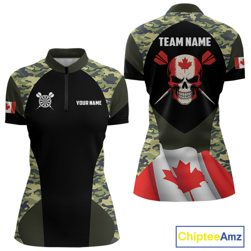 Canada Waving Flag Skull Green Camo Custom Dart Shirts For Women, Patriotic Dart Team Jerseys TDM4165
