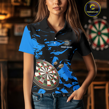 Personalized Black And Blue Splash Dart Polo & Quarter Zip Custom Dart Shirt For Women Darts Jersey TDM4167