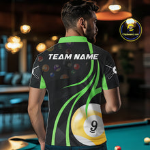 Load image into Gallery viewer, Back view of man wearing a green 8 ball and 9 ball pool shirt in a billiards hall.