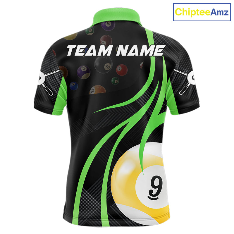 Green 8 ball and 9 ball billiard polo shirt for men with custom pool team graphics.