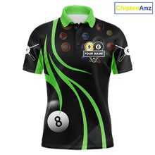 Load image into Gallery viewer, Green 8 ball and 9 ball billiard polo shirt for men with custom pool team graphics.
