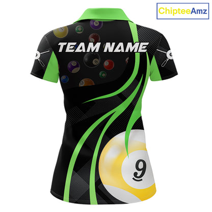 Green 8 ball and 9 ball billiard polo shirt for women with custom pool team graphics.