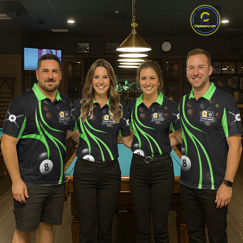 Pool team wearing matching green 8 ball and 9 ball billiard jerseys during tournament play front view.