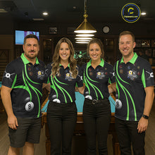 Load image into Gallery viewer, Pool team wearing matching green 8 ball and 9 ball billiard jerseys during tournament play front view.