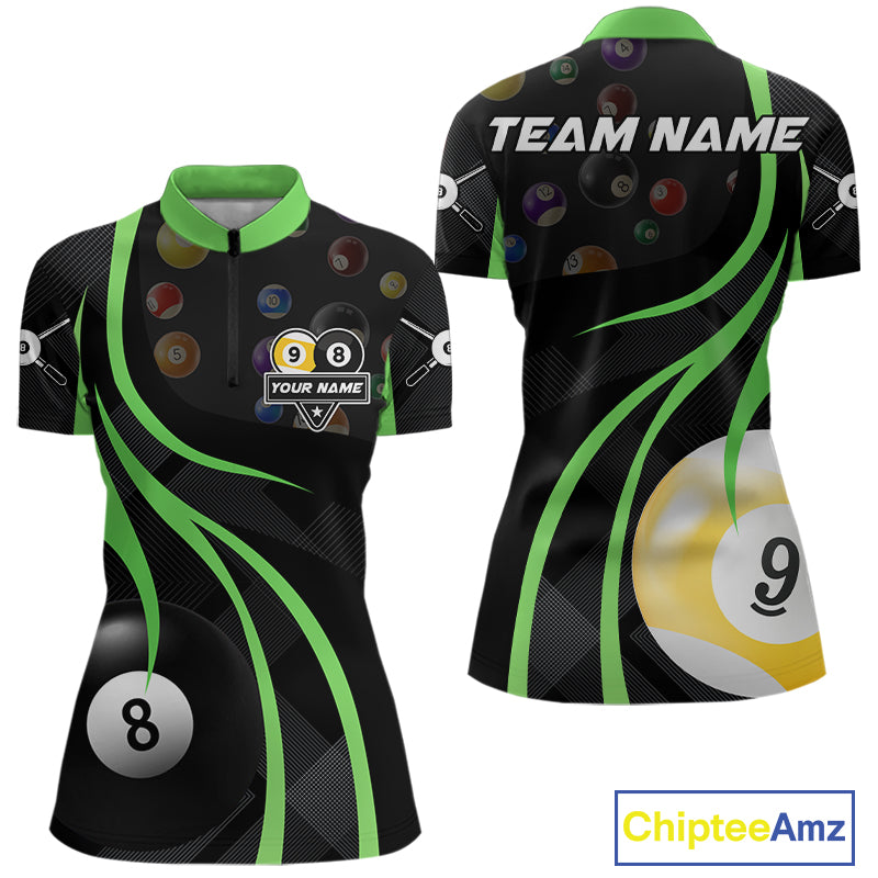 Green 8 ball and 9 ball billiard quarter zip shirt for women built for tournaments and league competition.