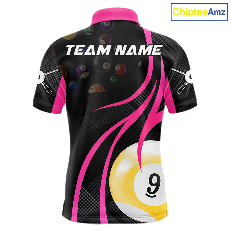 Pink 8 ball and 9 ball billiard polo shirt for men with custom pool team graphics.