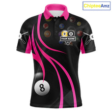 Load image into Gallery viewer, Pink 8 ball and 9 ball billiard polo shirt for men with custom pool team graphics.