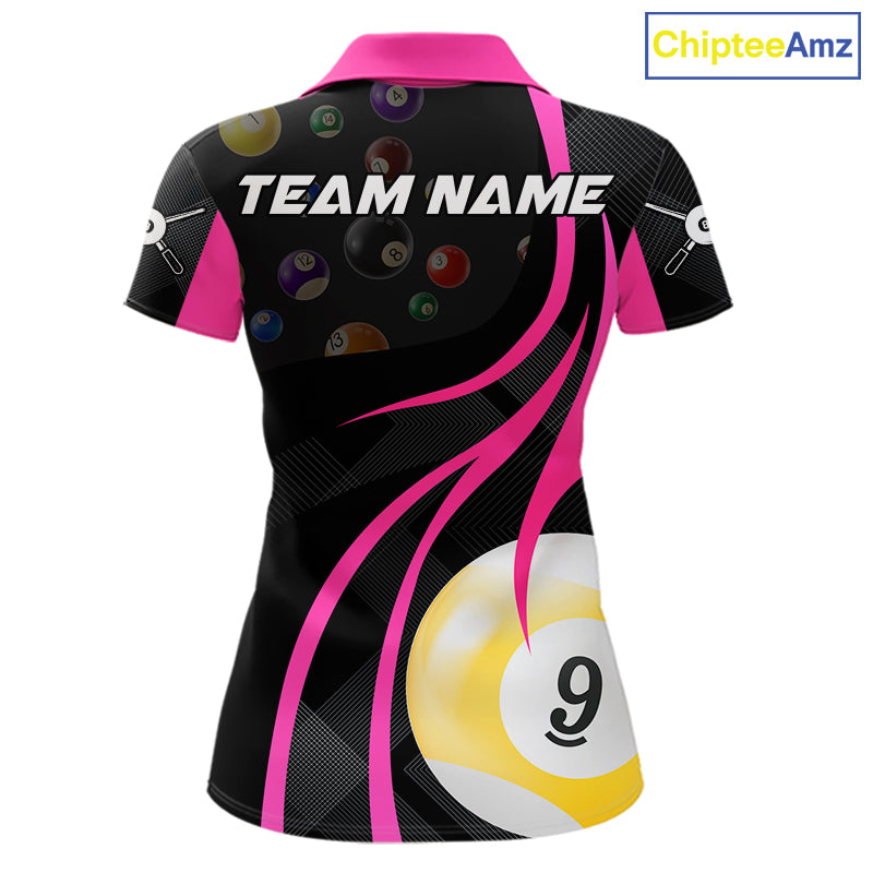 Pink 8 ball and 9 ball billiard polo shirt for women with custom pool team graphics.