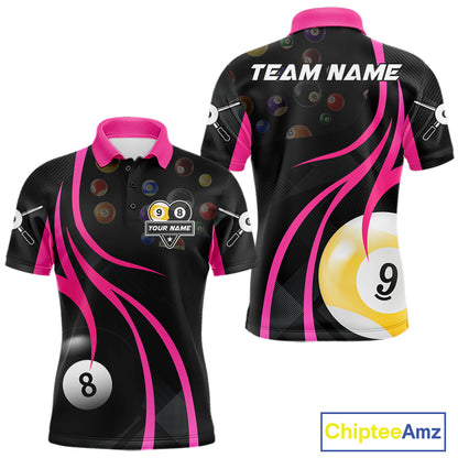 Pink 8 ball and 9 ball billiard polo shirt for men with custom pool team graphics.
