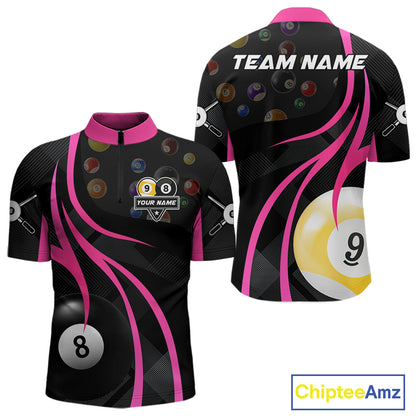 Pink 8 ball and 9 ball billiard quarter zip shirt for men designed for league tournaments and team events.