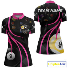 Load image into Gallery viewer, Pink 8 ball and 9 ball billiard quarter zip shirt for women designed for league tournaments and team events.