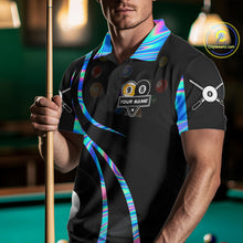 Load image into Gallery viewer, Man wearing a holographic 8 ball and 9 ball billiard jersey beside a pool table front view.