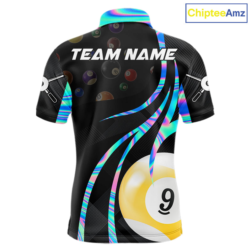 Holographic 8 ball and 9 ball billiard polo shirt for men with custom pool team graphics.