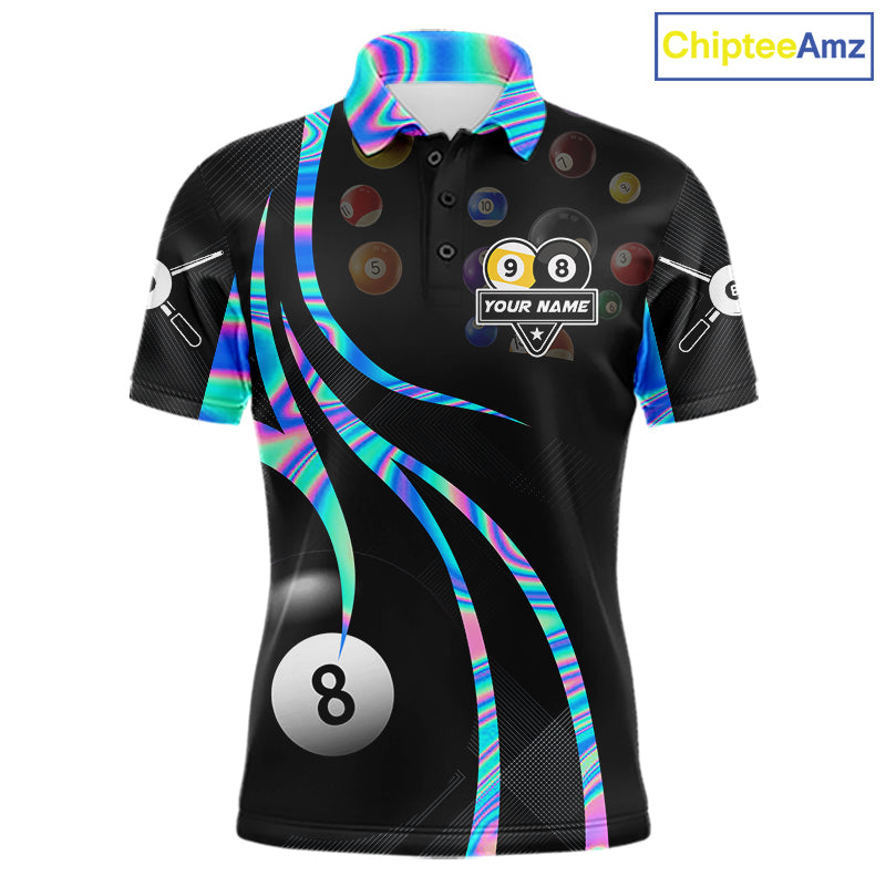 Holographic 8 ball and 9 ball billiard polo shirt for men with custom pool team graphics.