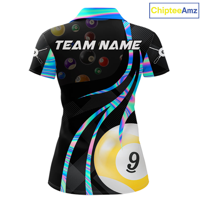 Holographic 8 ball and 9 ball billiard polo shirt for women with custom pool team graphics.