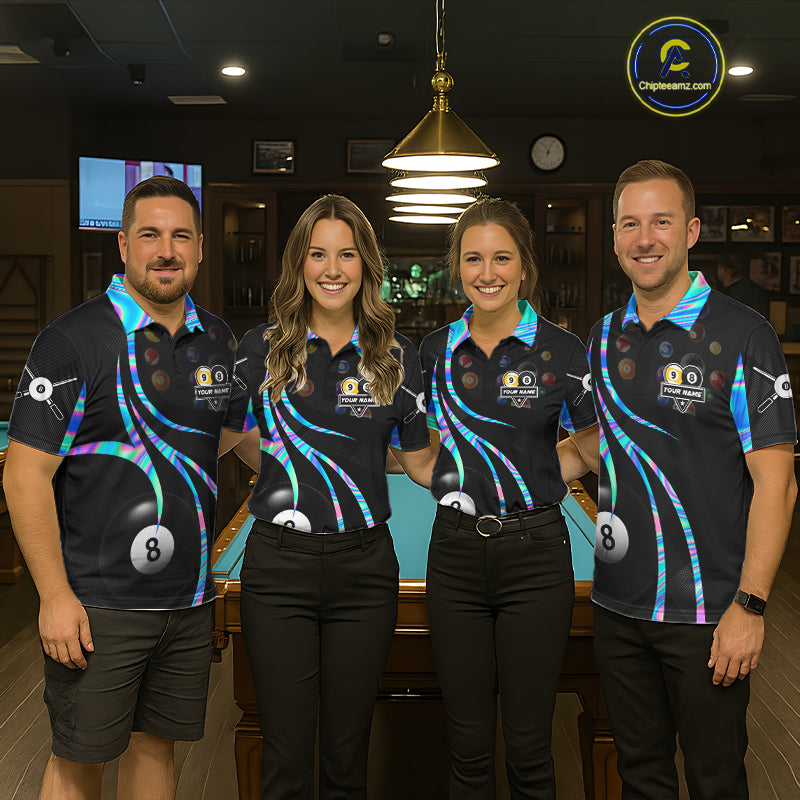 Pool team wearing matching holographic 8 ball and 9 ball billiard jerseys during tournament competition front view.