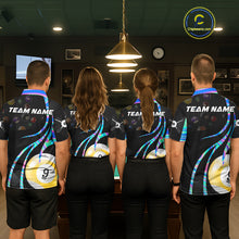 Load image into Gallery viewer, Back view of pool players wearing matching holographic billiard shirts in a game room.