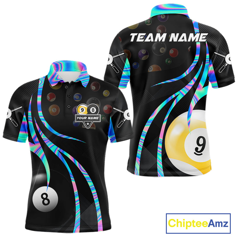 Holographic 8 ball and 9 ball billiard polo shirt for men with custom pool team graphics.