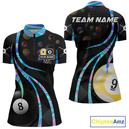 Holographic 8 ball and 9 ball billiard quarter zip shirt for women built for league play and tournaments.