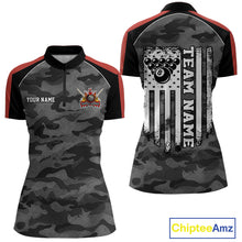 Load image into Gallery viewer, Grey camouflage American flag 8 ball billiard quarter zip shirt for women designed for league tournaments and team events.