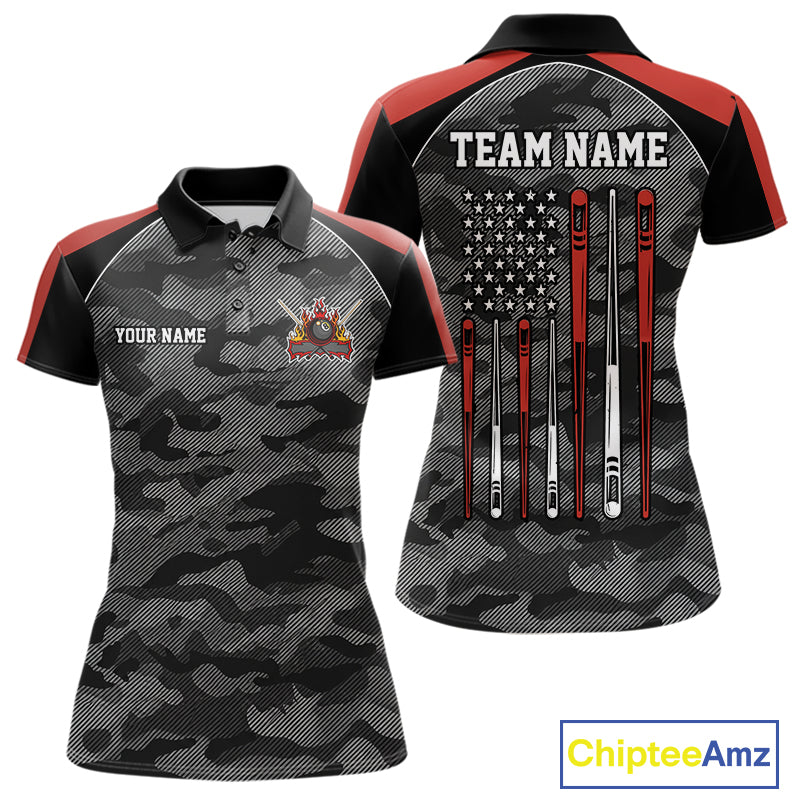 Red camouflage American flag 8 ball billiard polo shirt for women with custom pool team graphics.