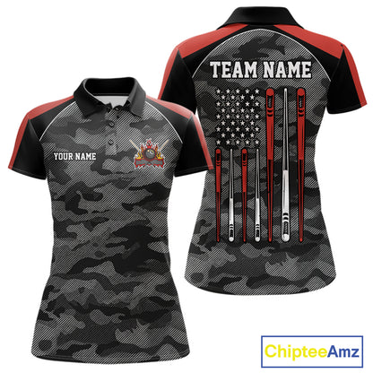 Red camouflage American flag 8 ball billiard polo shirt for women with custom pool team graphics.