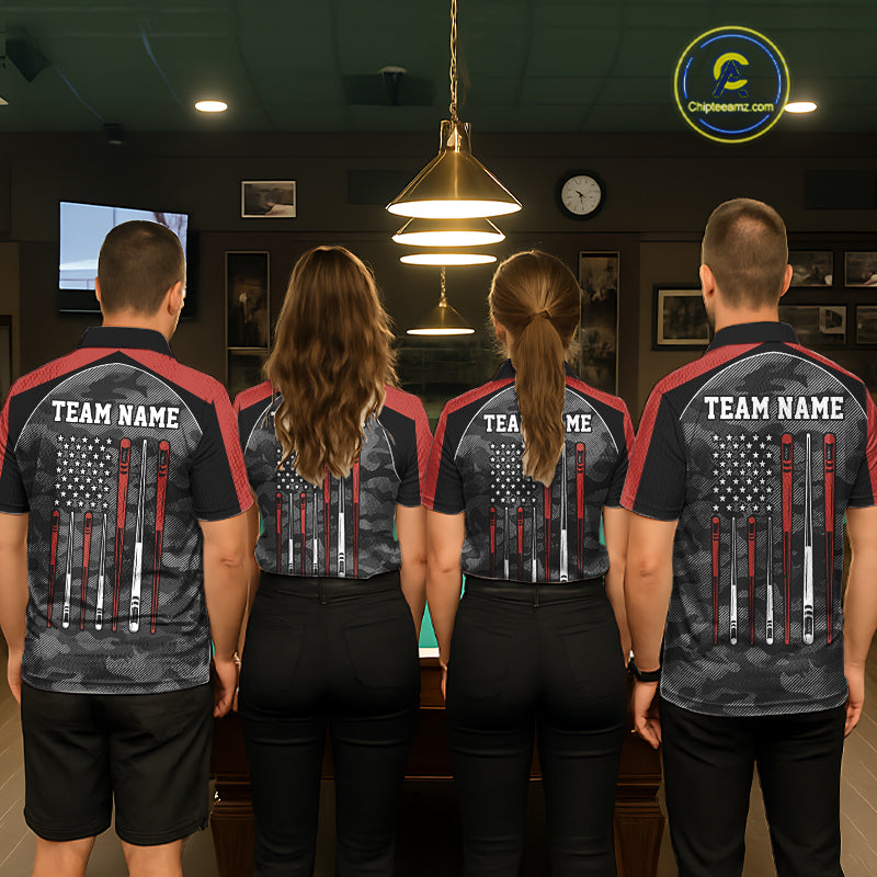 Back view of pool players wearing matching red camo billiard shirts in a game room.