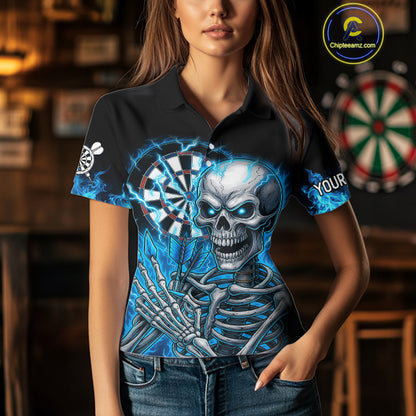 Blue Flaming Lightning Skeleton Darts Shirt For Women Custom Darts Jersey Team Polo & Quarter Zip TDM4344