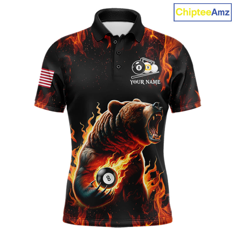 Custom funny bear 8 ball and 9 ball pool fire flame billiard team jersey polo shirt for men featuring a colorful flaming bear design, premium custom pool league apparel for tournaments.