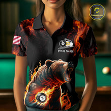 Load image into Gallery viewer, Woman wearing custom funny bear 8 ball and 9 ball pool fire flame billiard team jersey polo shirt featuring the colorful bear artwork, front view.