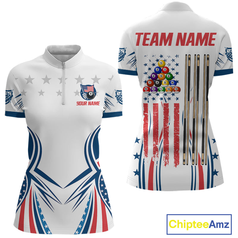 Patriotic American Flag 8 Ball Billiard Shirt For Women Custom Pool Team Jerseys Polo & Quarter Zip TDM4769