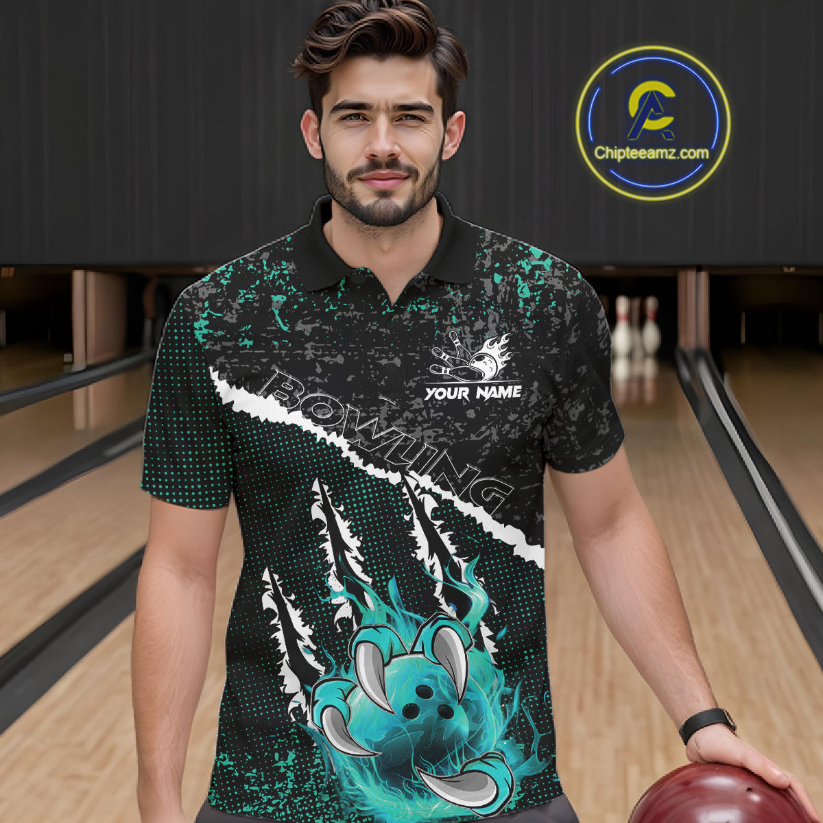 Black and Teal Flaming Claw Bowling Shirts for Men Custom Bowling League Team Jerseys TDM7462