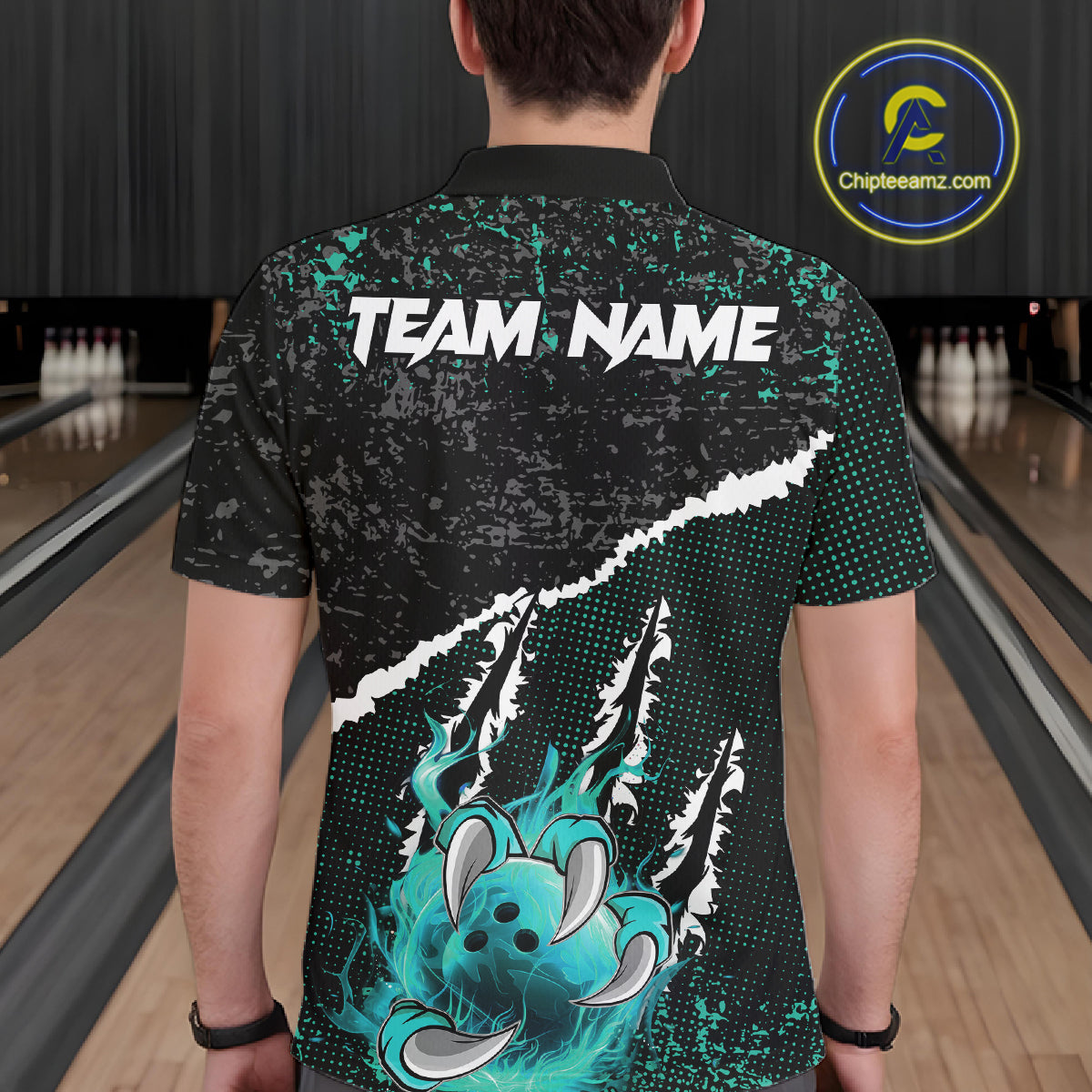 Black and Teal Flaming Claw Bowling Shirts for Men Custom Bowling League Team Jerseys TDM7462