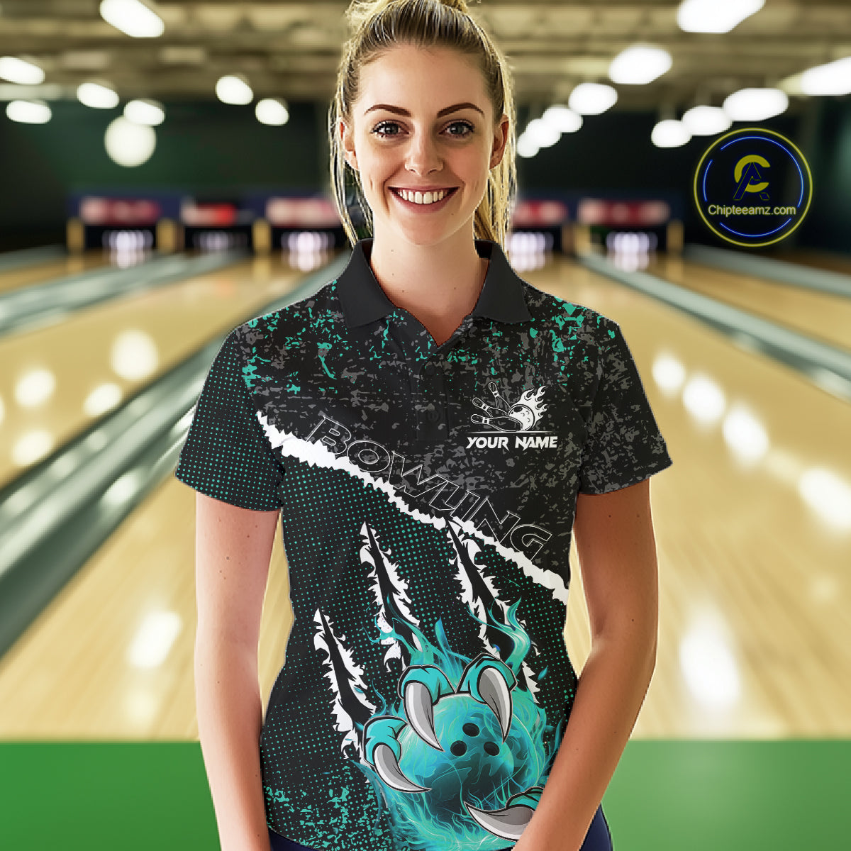 Black and Teal Flaming Claw Bowling Shirts for Women Custom Bowling League Team Jerseys TDM7462