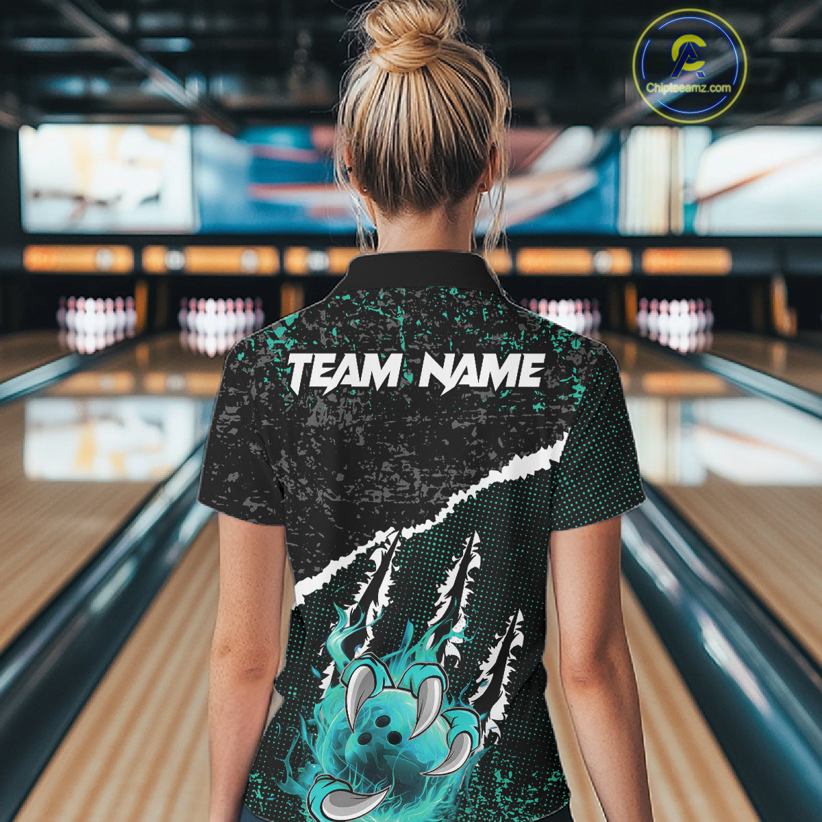 Black and Teal Flaming Claw Bowling Shirts for Women Custom Bowling League Team Jerseys TDM7462