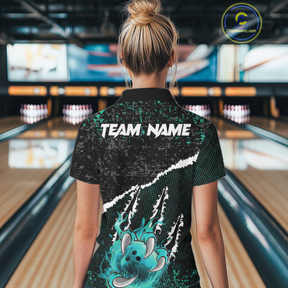 Black and Teal Flaming Claw Bowling Shirts for Women Custom Bowling League Team Jerseys TDM7462