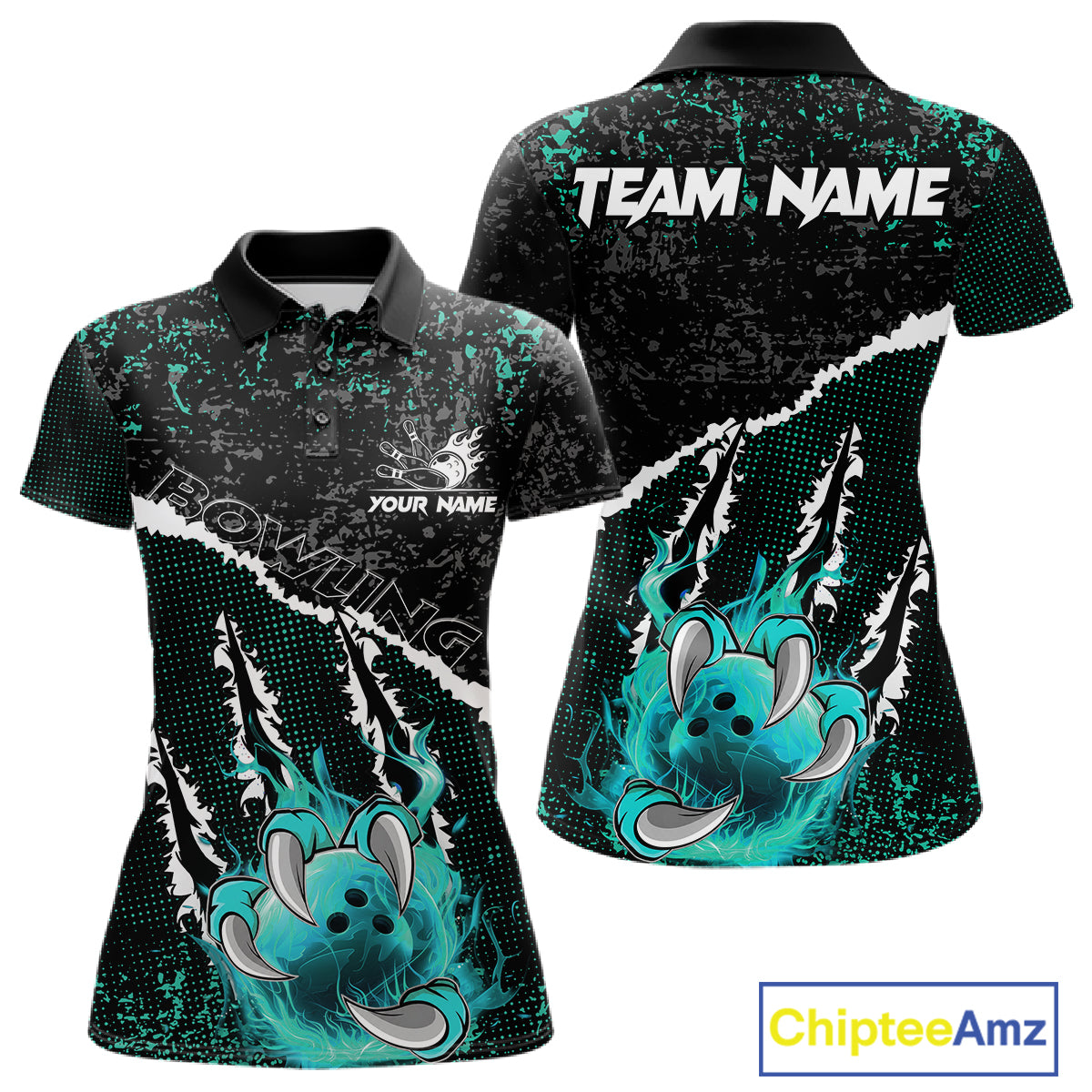 Black and Teal Flaming Claw Bowling Shirts for Women Custom Bowling League Team Jerseys TDM7462