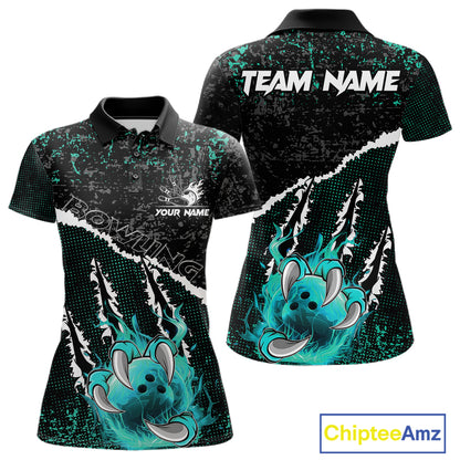 Black and Teal Flaming Claw Bowling Shirts for Women Custom Bowling League Team Jerseys TDM7462