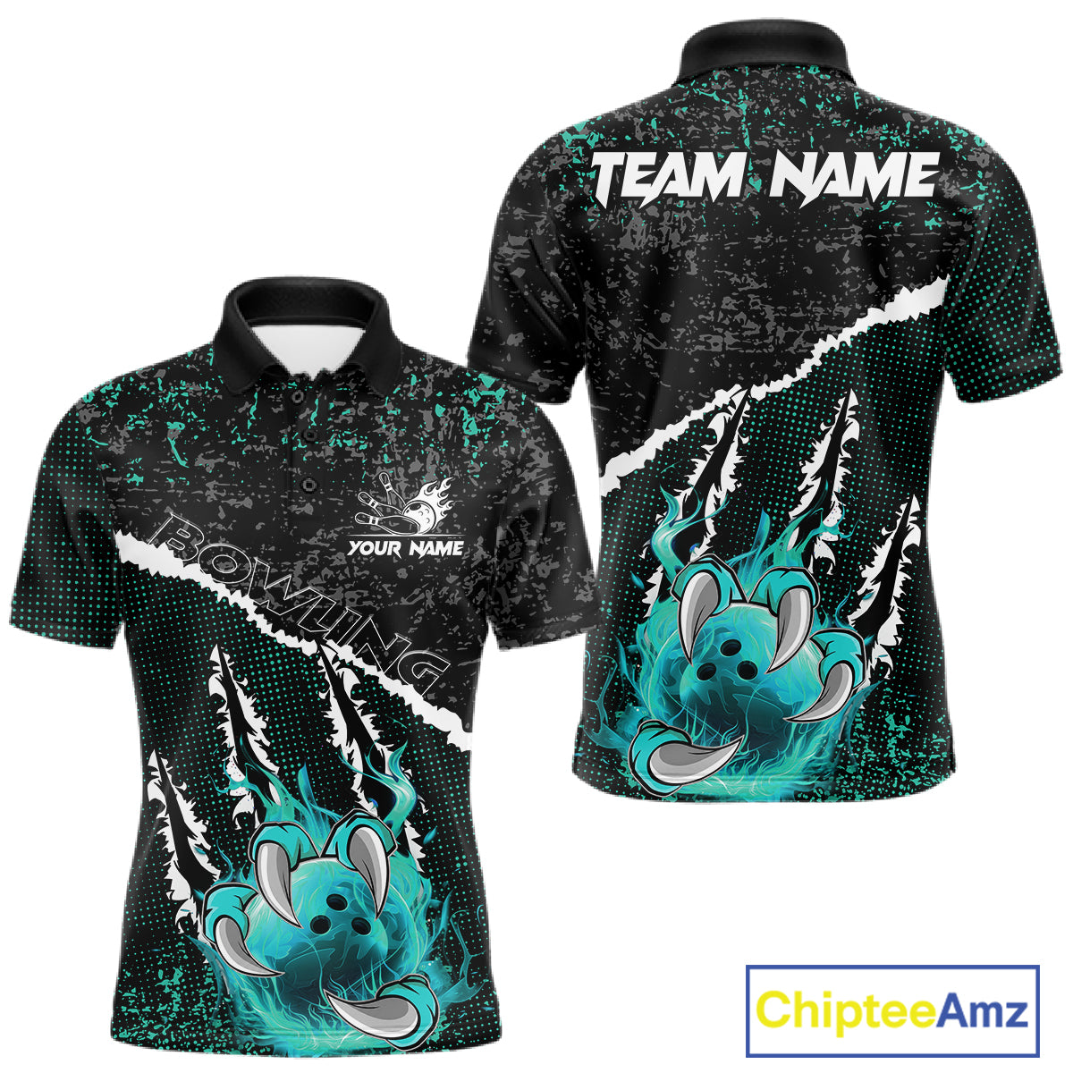 Black and Teal Flaming Claw Bowling Shirts for Men Custom Bowling League Team Jerseys TDM7462