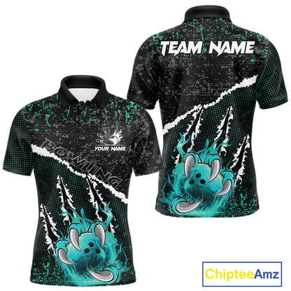 Black and Teal Flaming Claw Bowling Shirts for Men Custom Bowling League Team Jerseys TDM7462