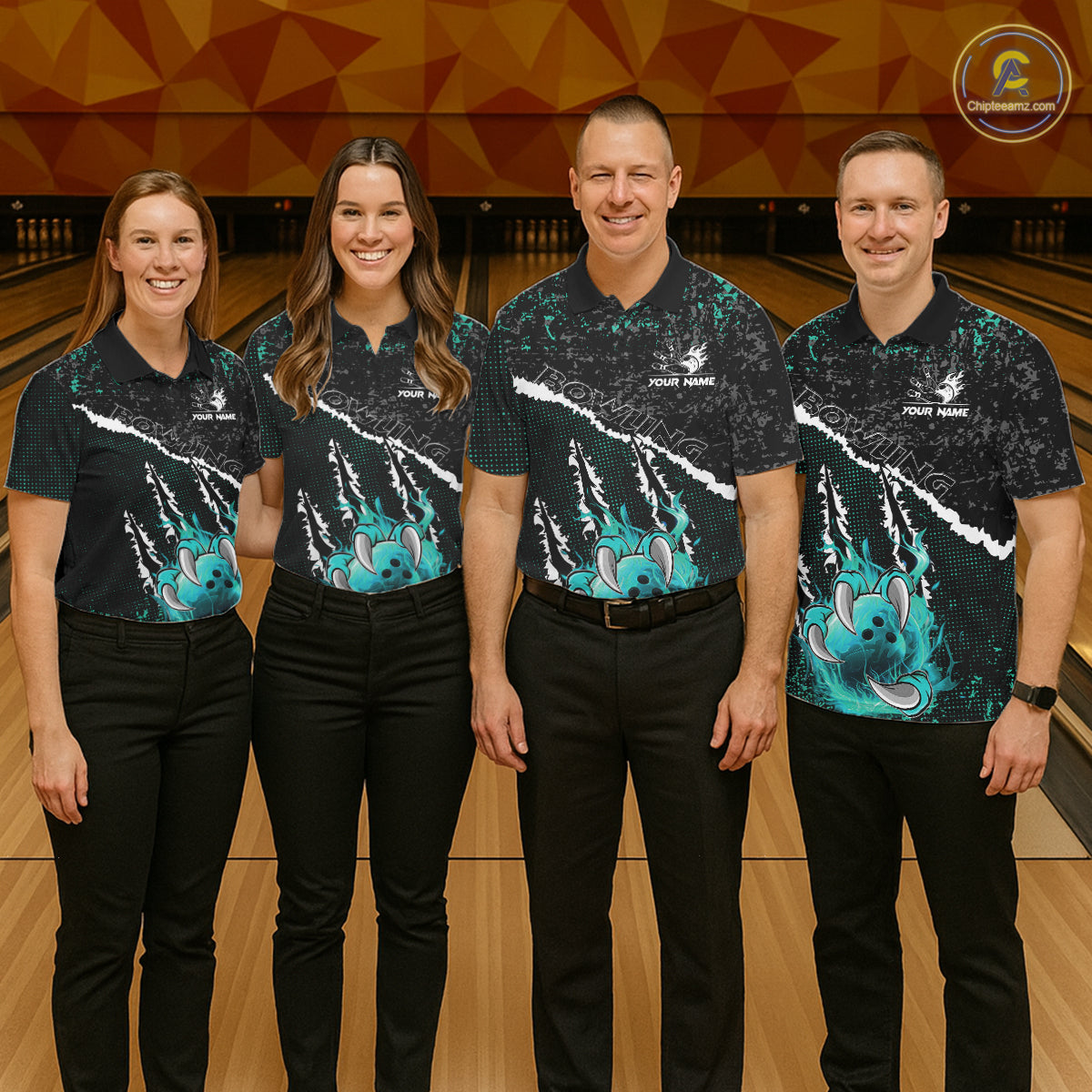 Black and Teal Flaming Claw Bowling Shirts for Men Custom Bowling League Team Jerseys TDM7462