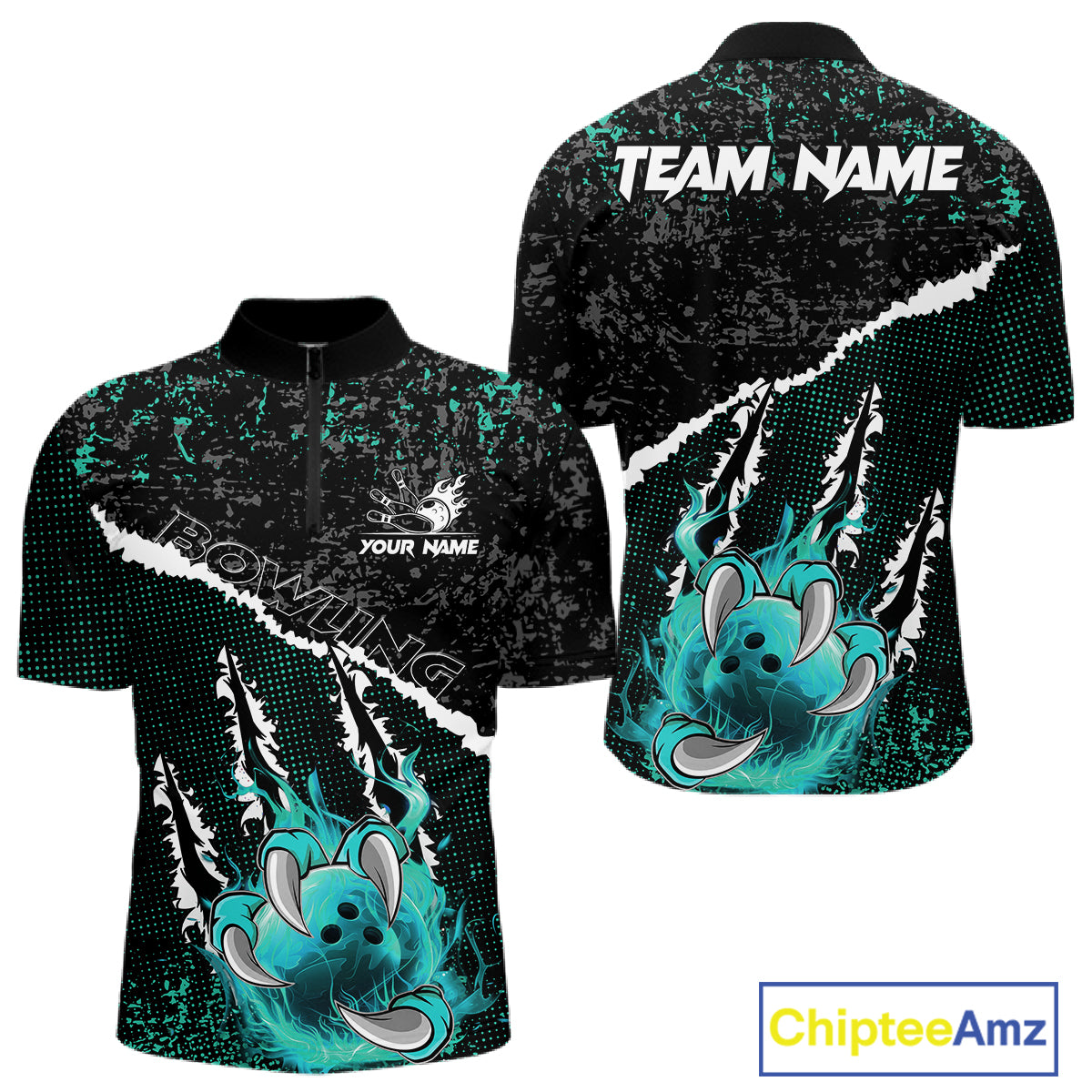 Black and Teal Flaming Claw Bowling Shirts for Men Custom Bowling League Team Jerseys TDM7462