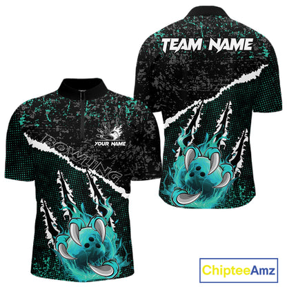 Black and Teal Flaming Claw Bowling Shirts for Men Custom Bowling League Team Jerseys TDM7462